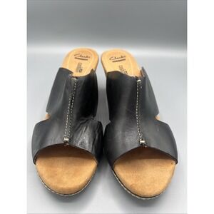 WOMENS CLARKS HELIO BLK LEATHER CROSS STRAP SLIDE CORK WEDGE SANDALS 9 M A25072